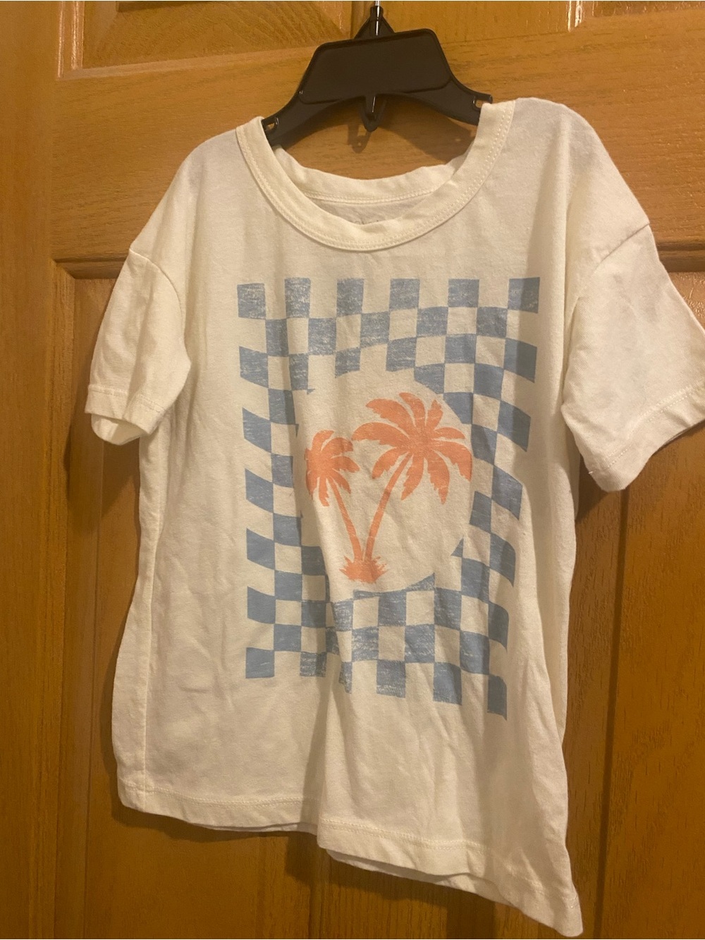 Unbranded Kids White Graphic Tee with Blue Check and Coral Palm Print
